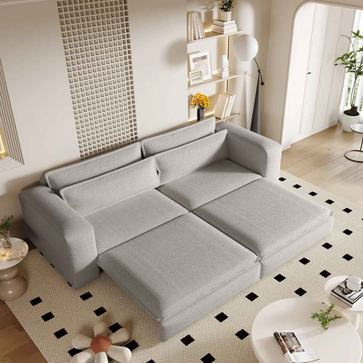 93" King Size Sleeper Sofa Bed, Pull Out Sofa Bed, 3 in 1 Convertible Sleeper Sofa, Chaise Lounge,3 Seat Teddy Couch with 2 Lumbar Pillows for Living Room,Office(Old Sku:W1885S00054/W1885S00162)