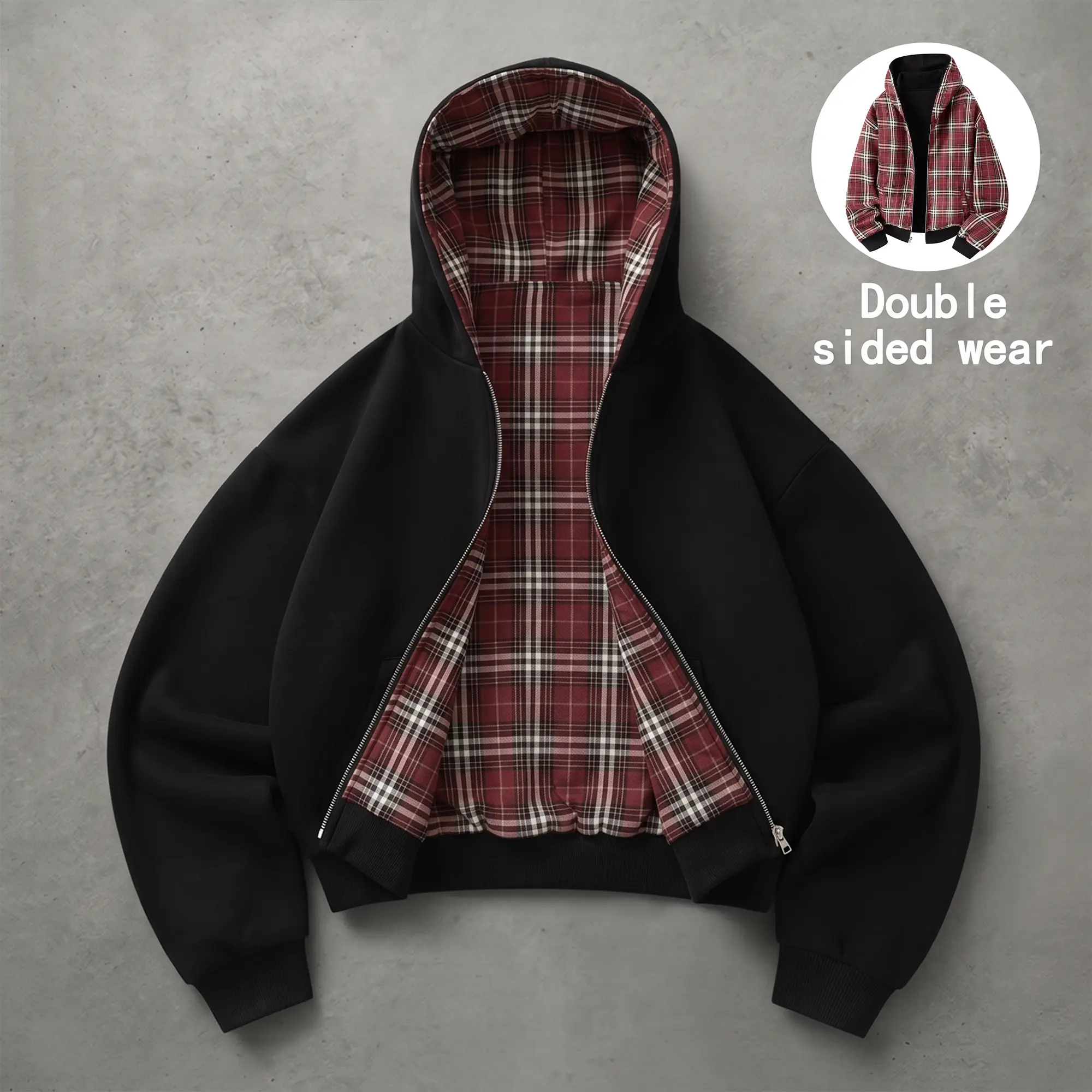 Unisex cotton hooded jacket, plaid reversible hoodie sweatshirt jacket, with pockets, comfortable casual streetwear top