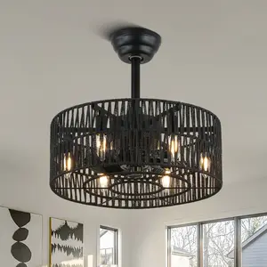 18.1" Vintage Style Rattan Caged Reversible Ceiling Fan with Remote and 6 Lights, AC Motor 3 Speeds Low Noise Ceiling Fan for Home Decoration