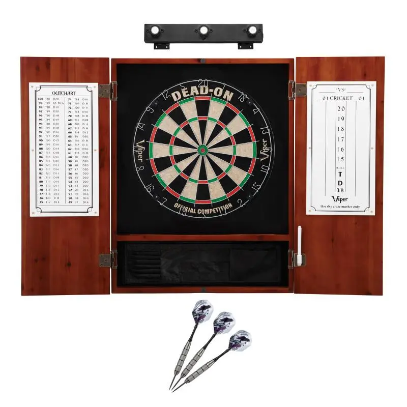 Complete Darts Gear Set: Cinnamon Pine Cabinet with Scoreboards, Self-Healing Sisal Dartboard, Steel Tip Darts, and Overhead Light