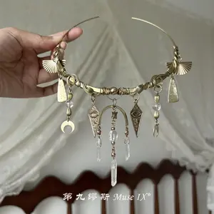 Vintage Distressed Wasteland Choker Hand Forged Wire Wrap Moon Eye Clear Quartz Drop Tassel Statement Neck Accessory y2k