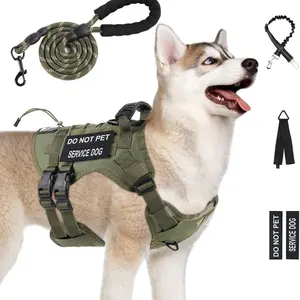 No Pull Tactical Dog Harness for Large Dogs, Escape Proof Molle Dog Vest Harness and Leash Set, Adjustable Military Service Dog Harness with Handle for Medium Large Dogs