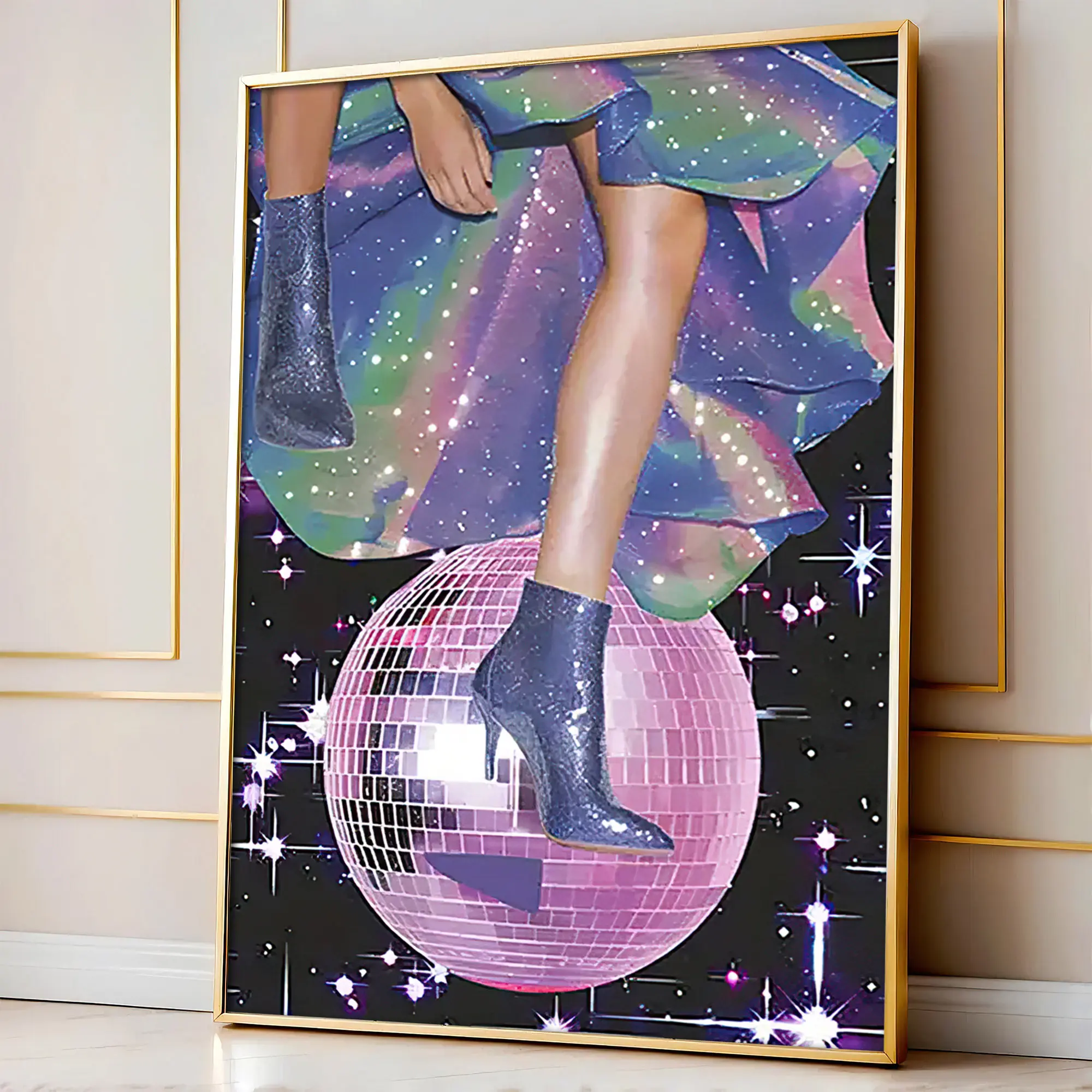 2D flat print canvas wall art poster print gift， Shiny pink disco ball glitter heels; retro party wall art ornament and home wall decoration; versatile wall hanging decor for bar, entryway, bedroom, lounge; trendy apartment interior wall art.
