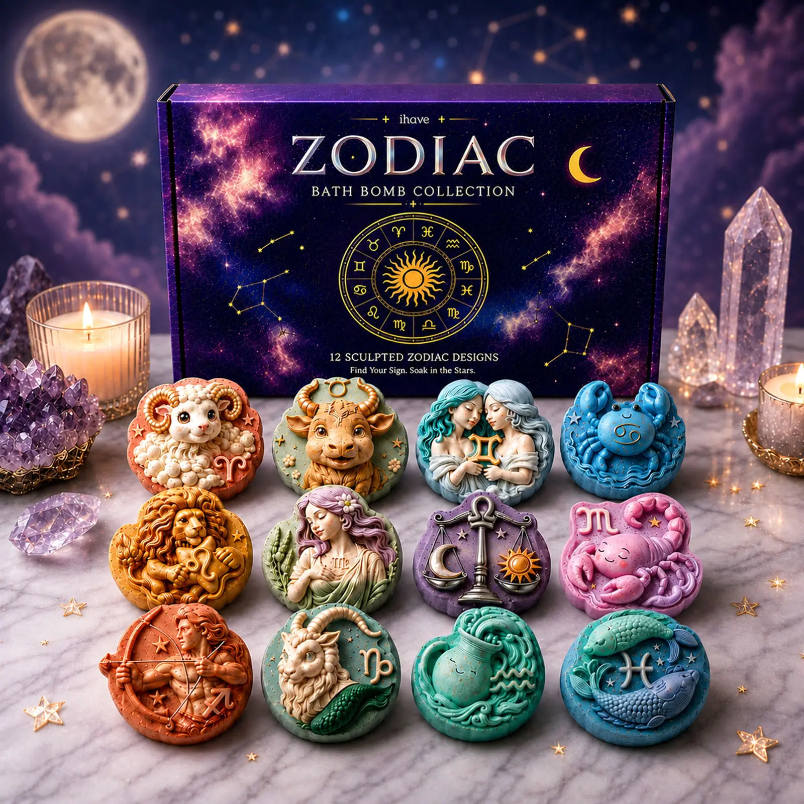 LAMY 12 Zodiac Bath Bombs Relaxing Body Unique Scent, Sculpted Astrology Bath Bomb Gift Set, 12 Colorful Fizzing Body Care Products, Perfect for Women's Self Care & Birthday Gifts