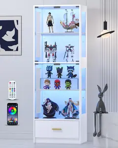 【Mother's Day Gift】67" Display Cabinet with Glass Doors, Curio Cabinet with RGB LED Lights & Drawer, 4-Tier Glass Display Case for Collectibles, Living Room, Office