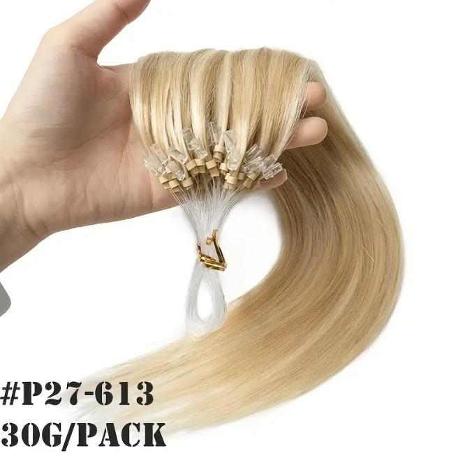 50 Strands Micro Ring Micro Loop Human Hair Extensions 30g, Natural Straight 12-28 Inch, Fish Line Design, No Glue Easy Install, Thin Ends Silky Smooth, No Tangle No Shedding, Invisible Natural Look for Women Daily & Party Use