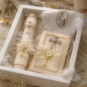 Traditional 8in First Communion Religious Gift Set for Boys-Girls - Ivory Box with Candle, Rosary, New Testament, Decorative Elements (English & Spanish), Religious Gifts