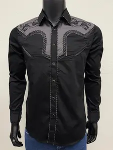 Montero Mens Western Horse Embroidered Long-Sleeve Shirt (Recommend Size Up, Recomendamos garrar una talla mas grande) Black, Navy
