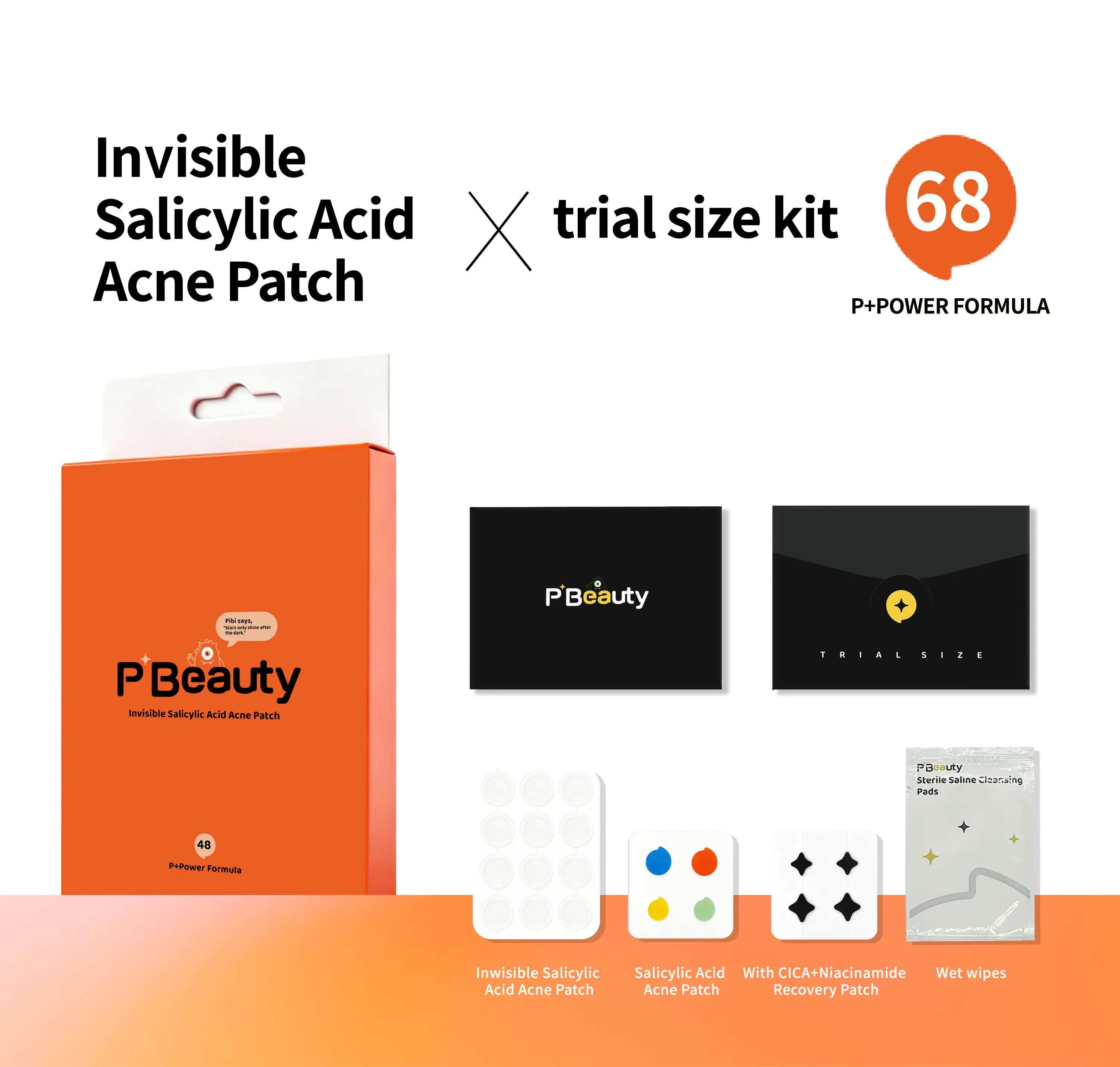 PBeauty  Salicylic Acid Acne  Trial Size Kit with CICA Niacinamide Recovery  & Wet Wipes 68 P+POWER FORMULA invisible   pimple patch