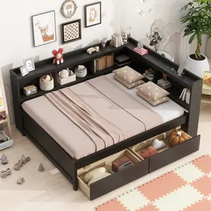 Full Size Daybed Frame with Bookcase Headboard and Storage, L-shaped Bookcases Bed with Power Outlets, USB Charging Ports,Two Drawers, No Box Spring Needed, Espresso