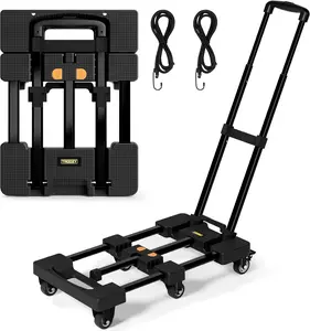Folding Hand Truck Dolly Cart with 6 Wheels 2 with Brake & 2 Elastic Straps 500 LB Heavy-Duty Trolly Cart for Moving Luggage Car Seat Garden Plant Camping 26" Max Extendable Plate Black