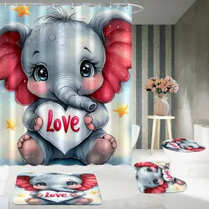 4pcs Elephant with heart Shower Curtain Decorative, Complete with Non-slip Mat, Toilet Lid Cover & U-Shape Rug-Elegant Bathroom Decor for Home and Hotel Use
