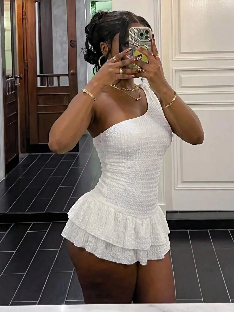 Summer New Textured White One Shoulder Ruffled Hem Viral Party Dress, Fashionable Beach Outfit, Romantic Beach Sweet Girl Two Pieces Swimsuit Set