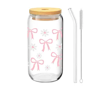 Bow&Daisy Pattern Glass Cup with Lid, Includes Glass Straw and Straw Brush, 16oz/480ML Iced Coffee and Beverage Cup
