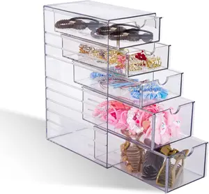 Hair Accessories Organizer. Clear Hair Ties and Pins Organizer Storage Box. Plastic Drawer Storage with 5 Different Sizes Drawers. Hair Accessory Container for Bathroom Closet Desk Office