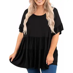 Imily Bela Essentials Womens Plus Size Babydoll Tops Ruffle Short Sleeve Peplum Flowy Shirts Summer Casual Loose Fit Tunic Blouses
