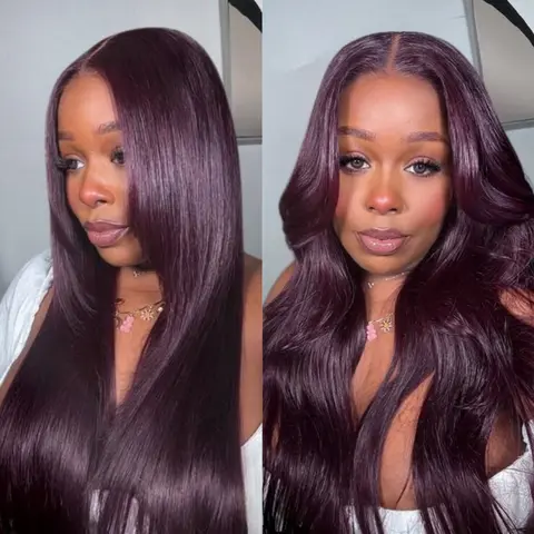 Unice Glueless Black Cherry Layered Straight Wig with Drawstring Pre Cut 7x5 HD Lace Closure Human Hair Wigs with Invisible Knots Beginners Friendly Natural Scalp