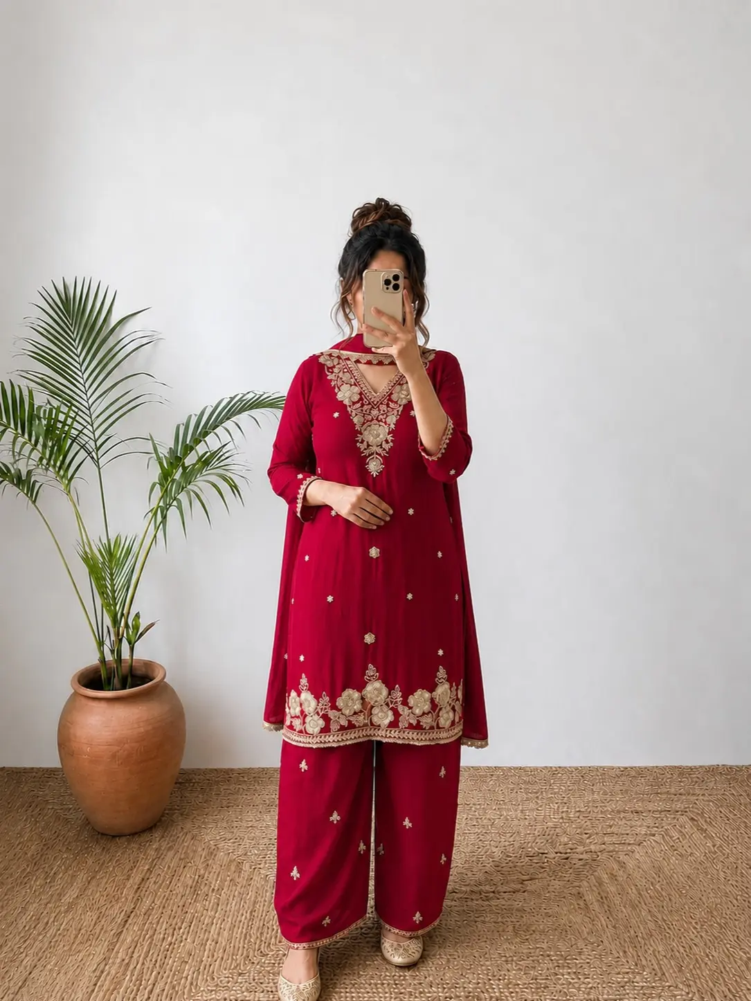 Women's Red Georgette Kurta Set, 3-Piece Festive Suit with Zari & Sequin Embroidery, Includes Pants & Dupatta, Costumes, Sequins, Women's Clothes, Clothes, Fluid Silhouette, Zari Embellished, Thread Motifs, Premium Georgette, Festive Wear, Effortless Flow