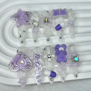 Cute Jirai Kei Purple Extra Long Tip Handmade Press On Nails 3D Star Heart Bow Bear Rose Gyaru Kawaii Y2K Fake Nails Nail Art