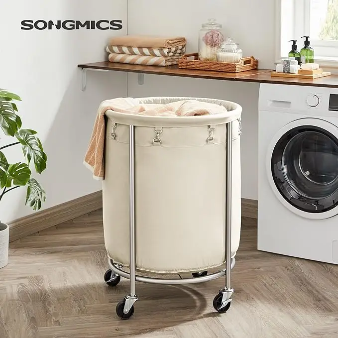 【FallFreshness】SONGMICS HOME Laundry Basket with Wheels, Rolling Laundry Hamper, Round Laundry Cart with Steel Frame and Removable Bag, Organiser