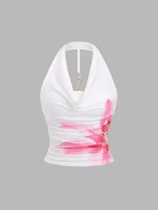 Elegant Floral Print Low Neck Sleeveless Bodycon Vest, Fit, Perfect for Parties and Daily Wear, Stylish Feminine Women's Top, Womenswear