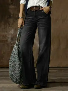 Women's High Waist Wide Leg Jeans, Acid Wash Vintage Style, Elastic Long Pants for Commuting Camping Vacation, Spring