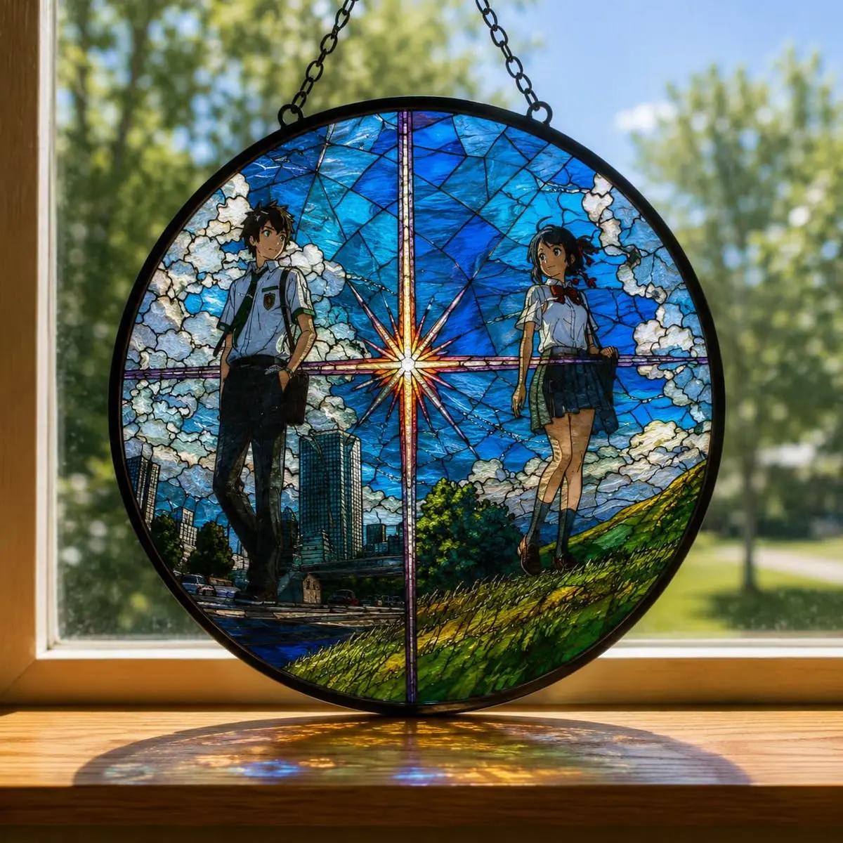 Your Name Anime Stained Glass Suncatcher Mitsuha & Taki Kimi No Na Wa Window Hanging Art Panel Premium Acrylic Bedroom Decor Wall Ornament Otaku Aesthetic Gift for Fans