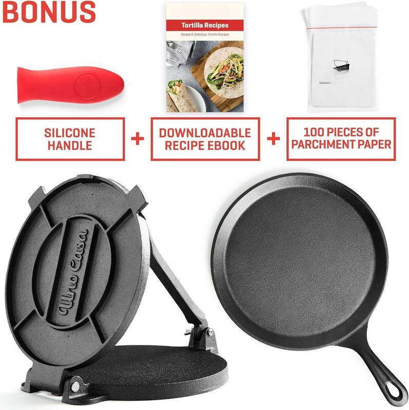 Cast Iron Tortilla Press 8 Inch - Bundle of Skillet for Roti / Comal Pan, Tawa / Dosa Pan Pataconera, Comales para Tortillas