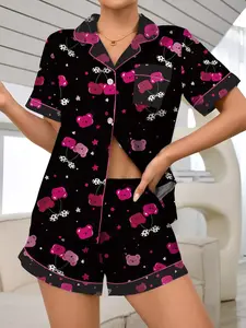 Women's Cherry & Bear Print Short Sleeve Soft Knit Pajama, Casual Comfy Pyjama Set for Women, Women's Sleepwear for Summer, Loungewear, Pjs