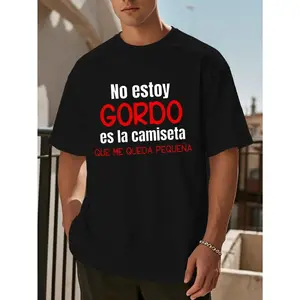 Men's "No Ey Stay Gordo" Spanish Quote T-Shirt Casual Crew Neck Short Sleeve Summer Top with Geometric Print Machine Washable Classic Fit