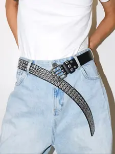 Unisex Punk Style PU Leather Belt with Rivets, Studded Belt Buckle and Hollow Air Eyelets, Trendy Waistband for Men Women Punk Fashion Belt
