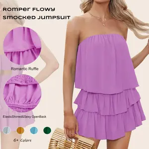 Imily Bela Women Off The Shoulder Romper Flowy Strapless Smocked Jumpsuit Playsuits Dress