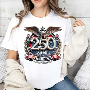 250 United States Of America 1776 2026 Anniversary Eagle And Stars Print T Shirt Crewneck Casual Wear For Independence Day Celebration