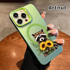 Compatible with iPhone 15 16 Pro Max Plus 14 13 12 11 E Raccoon with Sunflowers Pattern Durable shockproof Anti-Scratch PC Protection Magnetic Phone Case Cellphone Protective