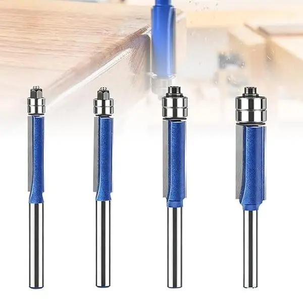Flush Trim Router Bit Set, 4 Piece Carbide Double Bearing Multi-Size Kit with 1/4 in Shank - Diameters 1/4, 5/16, 3/8, 1/2 in for Woodworking & Edge Finishing, 1/2 Inch, Plywood, Mdf, Chipboard, 3/4 Of 1/4 Inch Shank