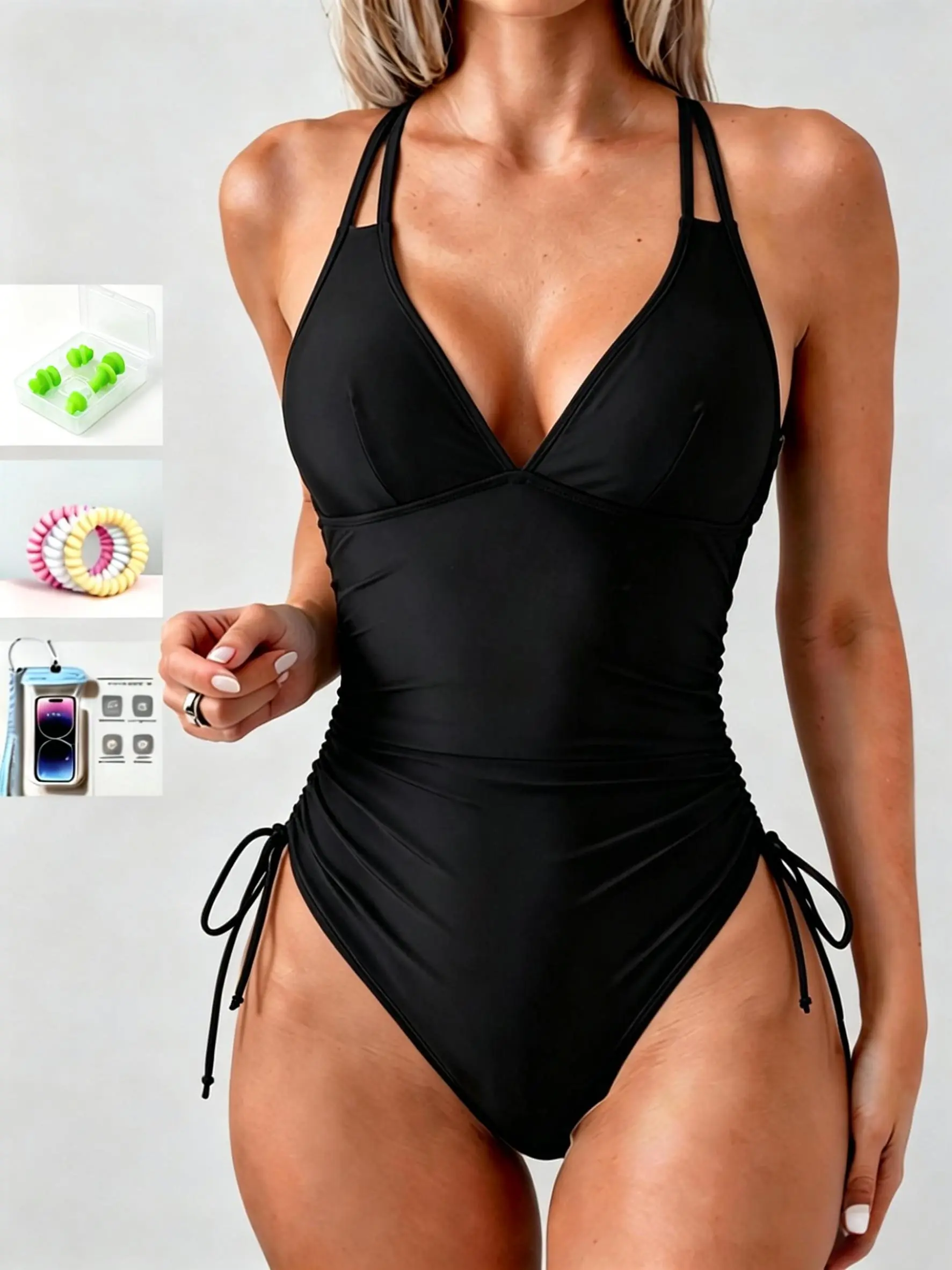 Women's Black Bathing Suit - Plain V Neckline 1-Piece Swimsuit, Stretch Fabric, Ruched, Belly-Hiding, Adjustable Back Modesty, Slimming Fitted Swimwear, Beach Pool Beachswimsuits for Swimming, Comfortable For Swimming