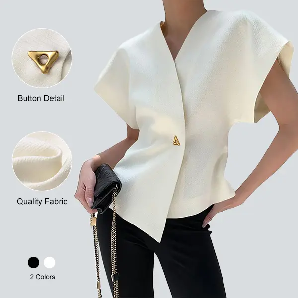 Imily Bela Women's V-Neck Button Down Top Short Sleeve Slim Fit Summer Blouse Trendy Casual Shirt with Asymmetrical Hem Quality Fabric