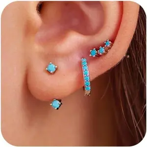 3 Pairs Mini Hoop Earrings Set Turquoise Cubic Zirconia Huggie Hoop Cartilage Earring Ear Cuff for Women (Turquoise/CZ)