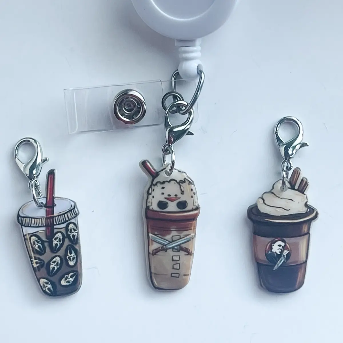 Spooky Horror Badge Reel Charm Latte Coffee For Handbag Backpack Keys ID Holder Nurse Doctor Medical Teacher Ghost October Halloween Zipper Charm Shoe Charm
