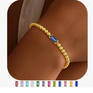 Yoosteel Dainty Birthstone Bracelet for Women - Elastic 14K Gold Plated Bead Bracelets Trendy Friendship Birthday Jewelry Gifts for Women