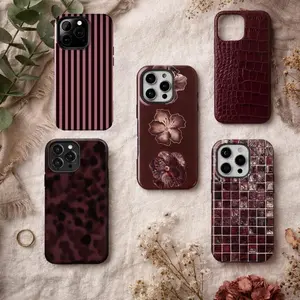Burgundy Phone Case Collection, Hibicus Flower, Leopard Tortoise Shell, Red Mosaic Print, Leather Print Phone Case, For Iphone 17 16 15 Case