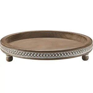 12 Inch Decorative Tray, Small Beaded Tray Coffee Table Decor, Warm Brown Round Wooden Tray for Coffee Table, Dining Room Table Entryway and Living Room Table
