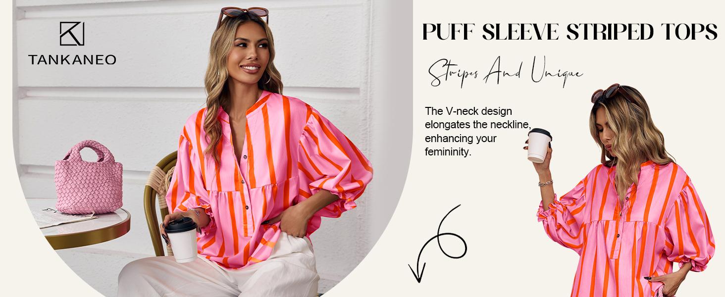 Tankaneo Womens Puff Sleeve Babydoll Tops Summer V Neck Striped Blouse Cute Casual Loose Fit Flowy Shirts