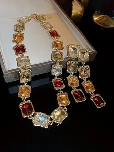 Vintage Rhinestone Decorated Geometric Design Necklace & Dangle Earrings, Fashion Jewelry Set for Party, Daily Clothing Decor, Trendy All-match & Exquisite Jewelry for Birthday Gift, Elegant Jewelry Set, Matching Jewelry Set