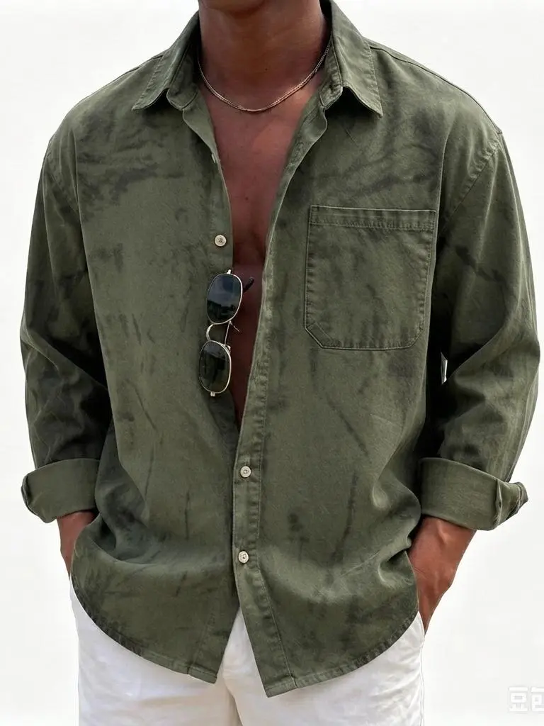 Men’s 100% cotton long-sleeve button-down shirts, light wash faint tie-dye oversized loose casual shackets with chest pocket, collared soft washed shirt for street, everyday outdoor travel, gift for men