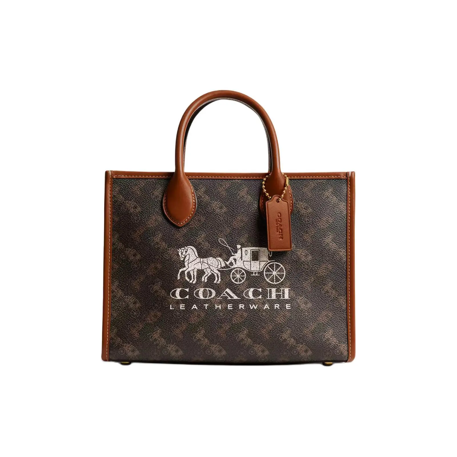 Coach Ace 26 Carriage Print Tote Bag for Women – Coated Canvas and Calfskin, Medium Size, Brass and Polished Amber Truffle