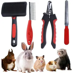 Professional Nail Clippers Grooming Kit with Pet Shedding Slicker Brush, Grooming Comb, Nail Trimmer for Rabbit, Puppy, Kitten, Guinea Pig, Hamster, Ferret (4PCS)