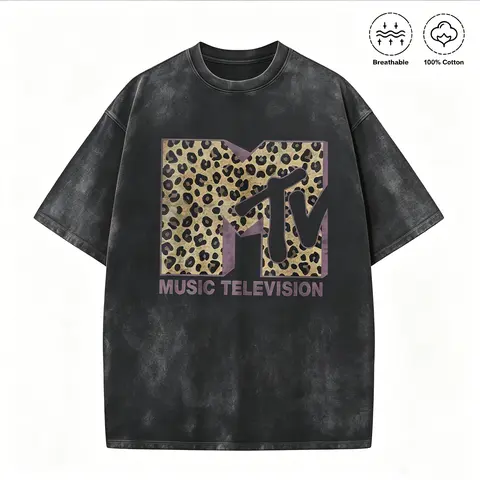 MTV Leopard Print Logo Graphic T-Shirt, Vintage Washed Oversized Crew Neck Short Sleeve Tee,Hoodie For Men Women, Retro 80s 90s Music Television Casual Streetwear, Breathable Summer Top,Funny Graphic Tee, Men’S Trendy T-Shirts