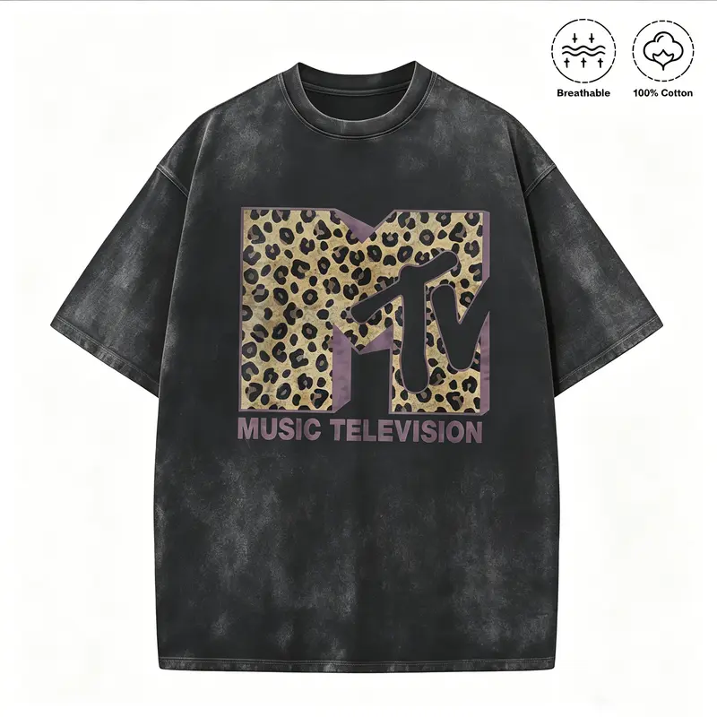 MTV Leopard Print Logo Graphic T-Shirt, Vintage Washed Oversized Crew Neck Short Sleeve Tee,Hoodie For Men Women, Retro 80s 90s Music Television Casual Streetwear, Breathable Summer Top,Funny Graphic Tee, Men’S Trendy T-Shirts