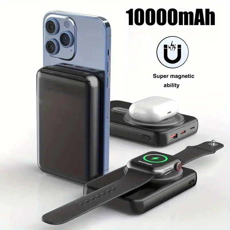 3-in-1 10000mAh Mobile Power Bank, PD20W Super Fast Charge, Supports wireless charging for iPhone/watch/wireless headphones, Magnetic Wireless Charging Bank, Portable Mobile Phone Charger For IPhone15pro/14max/13/12/ (USB, Type-c),